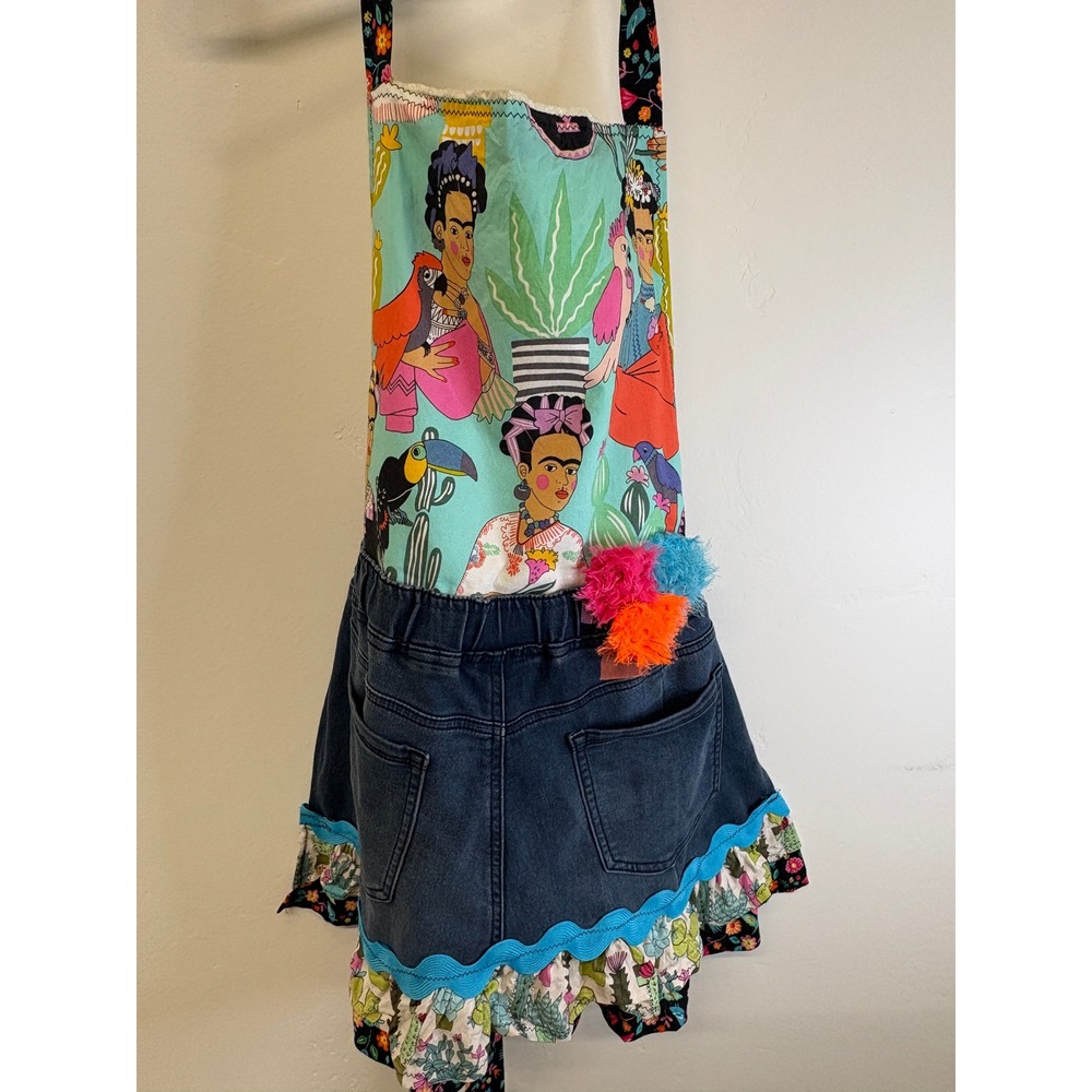 Handmade Upcycled Frida Kahlo Denim Apron Ruffle Pom Pom One Size 34in